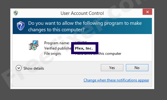 Screenshot where Plex, Inc. appears as the verified publisher in the UAC dialog